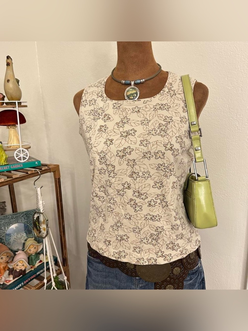 Y2K Boho Beige Tan Floral Tank Top